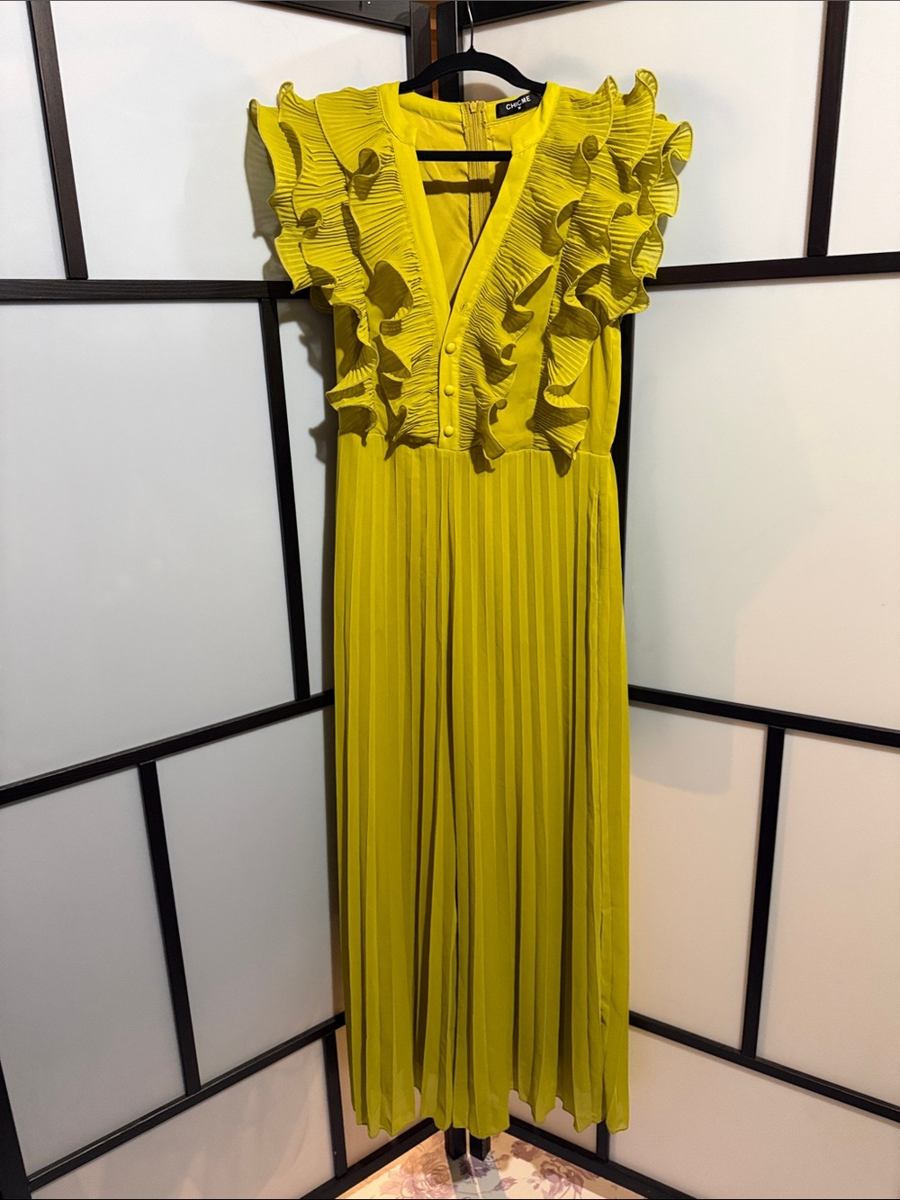 cinq a sept Lemon-Green Ruffle Pleated Jumpsuit